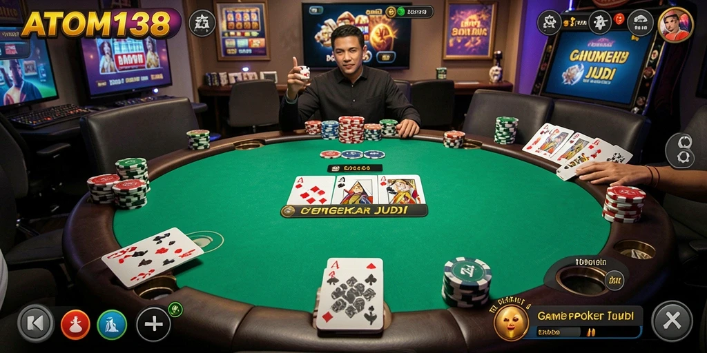 Screenshot gameplay ATOM138 yang menggambarkan aksi Poker mendebarkan.
