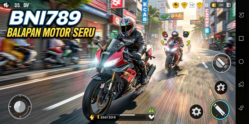 Tampilan gameplay seru dari BNI789 dengan motor balap.