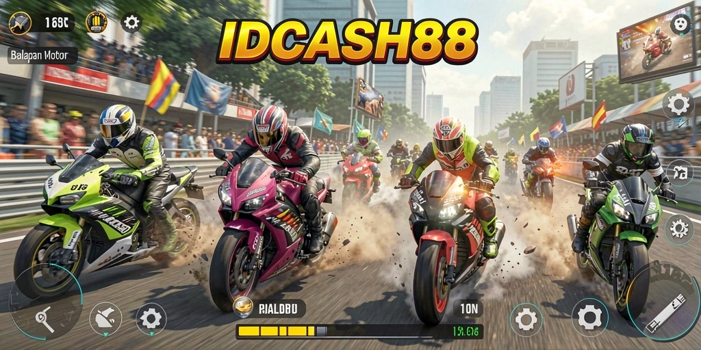 Tampilan gameplay IDCASH88 dengan aksi balapan motor yang menggebu.