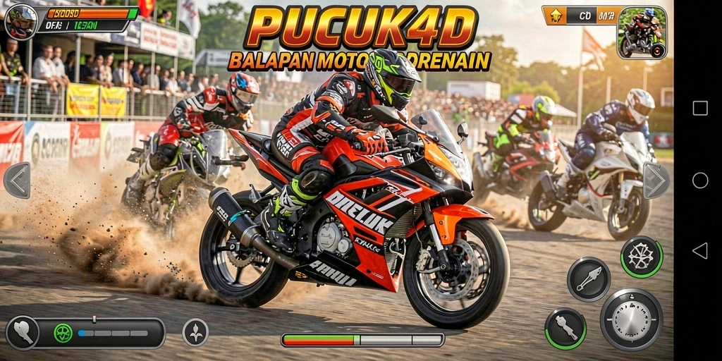 Tangkapan layar gameplay PUCUK4D menampilkan aksi balapan motor yang seru.