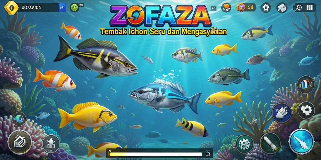 Tangkapan layar ZOFAZA menampilkan aksi menembak ikan yang seru dan menantang.